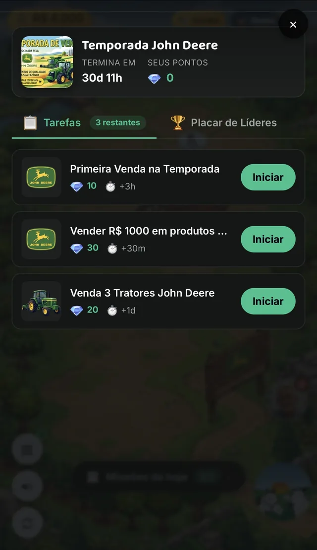 Desafios da competição Temporada John Deere no Cadumi com recompensas por tarefa