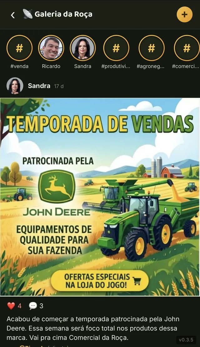 Feed da equipe no Cadumi com temporada de vendas patrocinada pela John Deere