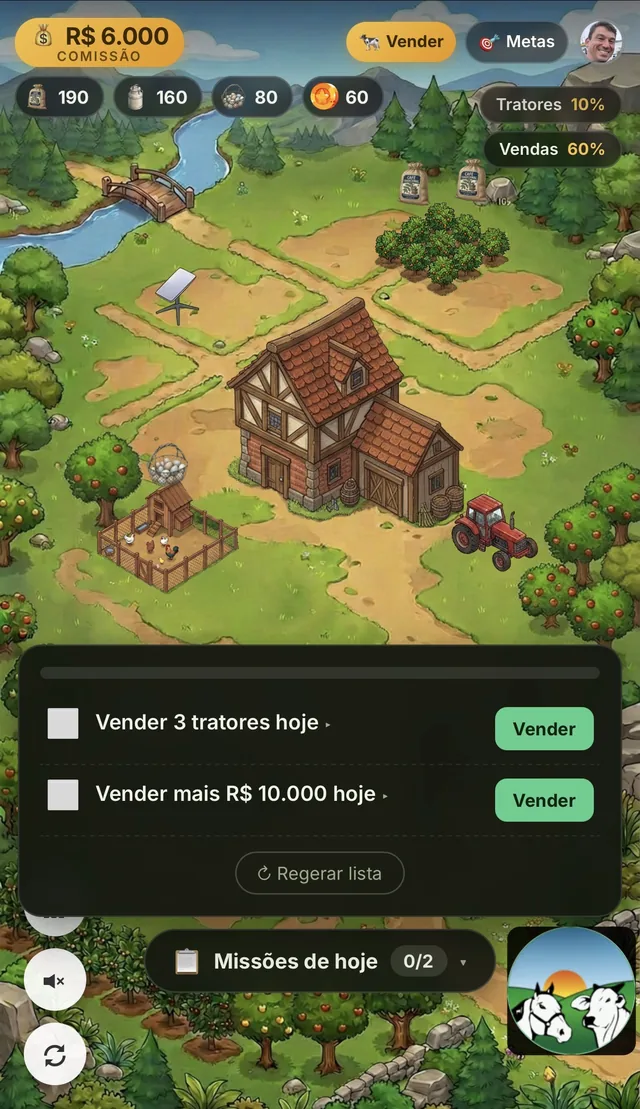 Missões de hoje no Cadumi: vender 3 tratores e vender mais R$ 10.000